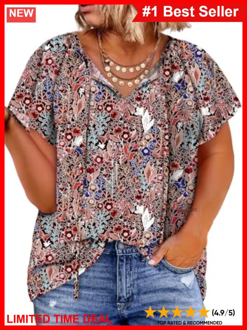 Plus Size Boho Floral V-Neck Drawstring Chiffon Blouse Short Sleeve Casual Top